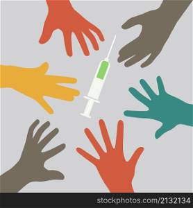 group of people hands grab a vaccine, corona virus protection, injection poster, medical vector illustration. people want corona virus vaccination. Vector illustration