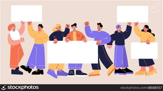 Group of people holding blank banners on protest demonstration, strike, political rally. Vector flat illustration of angry activists, picket participants standing with empty posters. People hold blank banners on protest demonstration