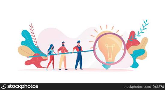 Group of people holds a huge magnifier. A large light bulb under a magnifying glass. Metaphor of the search for ideas. Concept of team office work, brainstorming. Vector flat illustration.