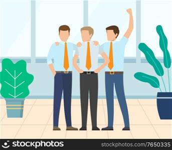 Group of people hugging each other, businessmen standing together, team celebration. Workers employee in suit embracing, teamwork success and win vector. Workers Winning, Team Celebration, Employee Vector