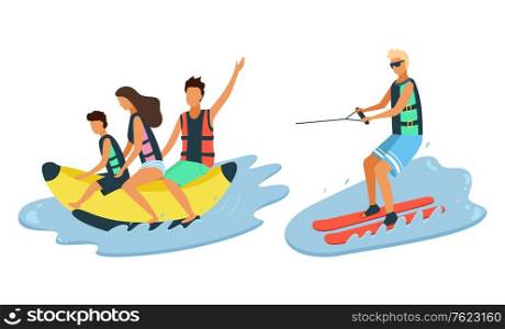 Group of people in life jackets riding banana boat. Tanned boy in sunglasses and life jacket water skiing. Summer activities beach and recreation vector. Flat cartoon. Summertime activity. Banana Boat Riding, Water Skiing, Beach Activities