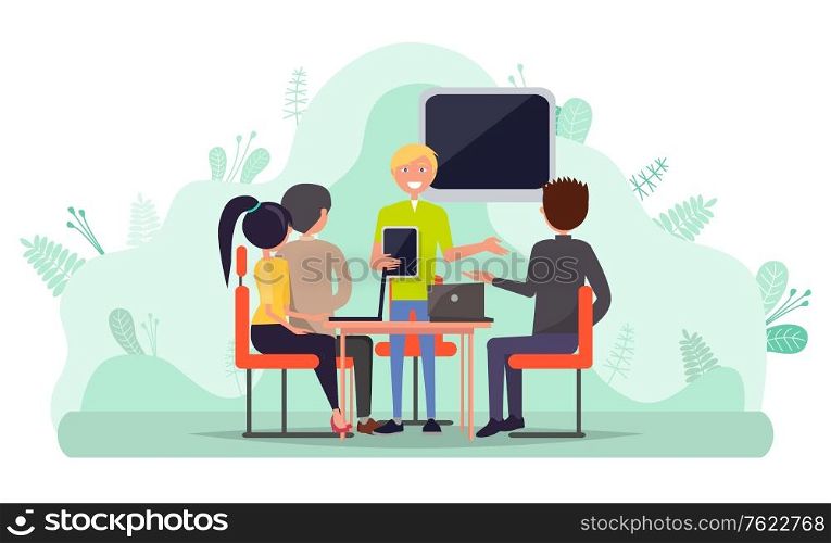 Group of people in office outdoors. Coworkers have disussion in park. Employees communicate and use laptops. Business collaboration, teamwork vector. Green business. Employees Collaboration, People with Laptop Vector