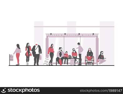 Group of people in protective masks waiting at the bus stop. Flat vector.