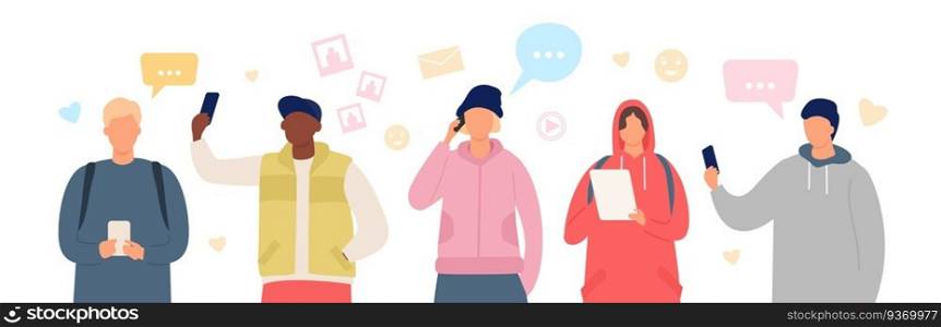 Group of people in smartphone chat. Young men and women use gadgets to communicate. Flat characters chatting in social media vector banner. Girl and boy with tablets and cell phone. Group of people in smartphone chat. Young men and women use gadgets to communicate. Flat characters chatting in social media vector banner