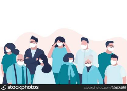 Group of people infected coronavirus, quarantine. Place for text. Crowd of adults, banner template. Global epidemic virus covid-19. Human characters in protective masks. Pandemic spread. Vector
