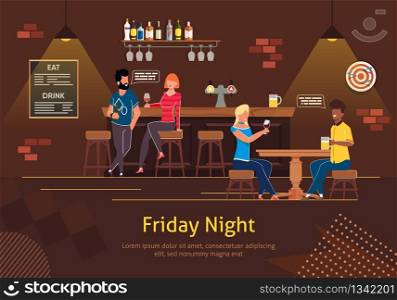 Group of People Man and Woman Sitting at Bar Counter, Drinking Alcohol, Talking Banner Vector Illustration. Bar Beer Tap Pump, Stools, Bottles. Friday Night with Friends or Colleagues.. Happy People Man and Woman Sitting at Bar Counter.