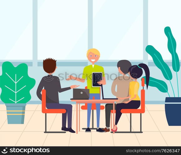 Group of people or workers sitting around table and discussing work issues. Office teamwork or business meeting, employees communication, manager report. Flat cartoon. Group of Employee Meeting, Office Teamwork Vector