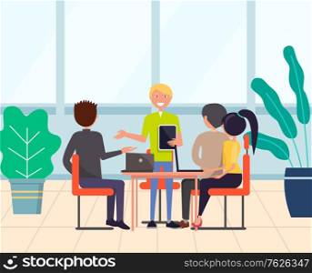 Group of people or workers sitting around table and discussing work issues. Office teamwork or business meeting, employees communication, manager report. Flat cartoon. Group of Employee Meeting, Office Teamwork Vector