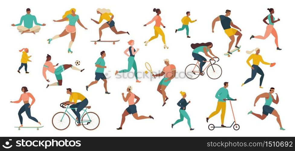Group of people performing sports activities at park doing yoga and gymnastics exercises, jogging, riding bicycles, playing ball game and tennis. Outdoor workout. Flat cartoon vector.. Group of people performing sports activities at park doing yoga and gymnastics exercises, jogging, riding bicycles, playing ball game and tennis.