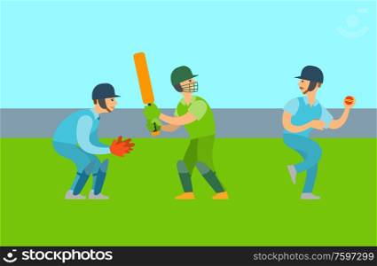 Group of people playing cricket, men holding ball and bat, male wearing helmet and gloves, full length view of training person, championship vector. Men Playing Cricket, Ball and Bat Equipment Vector