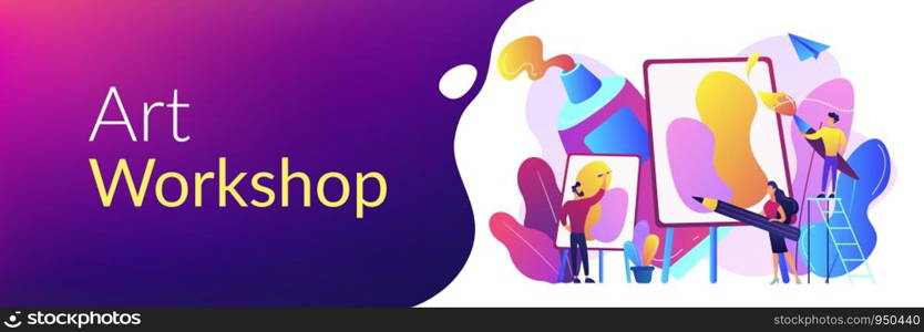 Group of people practicing new painting skills at painting workshop with equipment. Workshop, workshop session, practicing new skills concept. Header or footer banner template with copy space.. Workshop concept banner header.