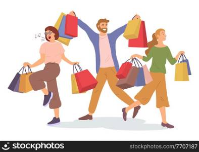 Group of people rejoicing with shopping bags in their hands. Man and women are picking up shopping bags on white background. Customers are buying gifts. Pastime before hollidays. Girl singing songs. A group of people with shopping bags in their hands. Customers buy gifts. Pastime before hollidays