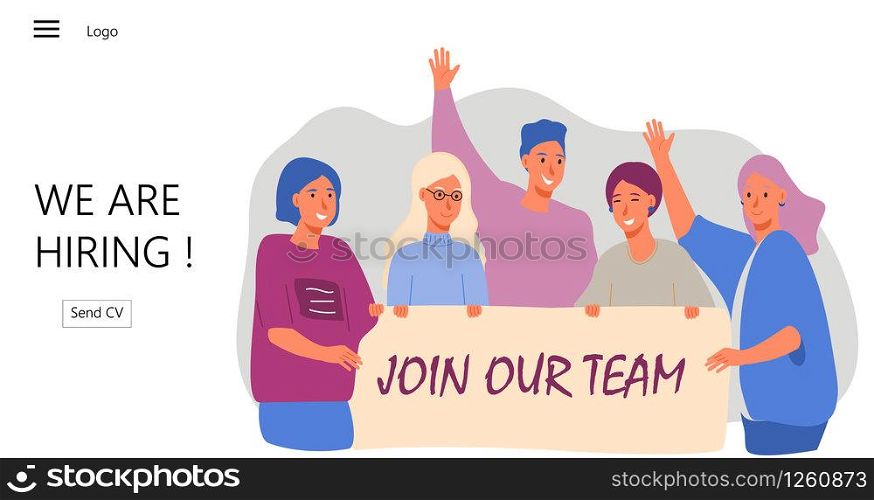 Group of people shouting and taking banner with join our team word vector. We are hiring illustration concept, it can be used for landing page, template, ui, mobile app, poster, banner, flyer. Group of people shouting and taking banner with join our team word vector. We are hiring illustration concept, it can be used for landing page, template, ui