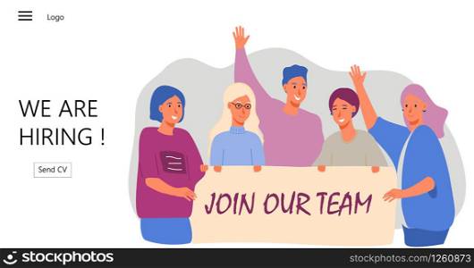 Group of people shouting and taking banner with join our team word vector. We are hiring illustration concept, it can be used for landing page, template, ui, mobile app, poster, banner, flyer. Group of people shouting and taking banner with join our team word vector. We are hiring illustration concept, it can be used for landing page, template, ui