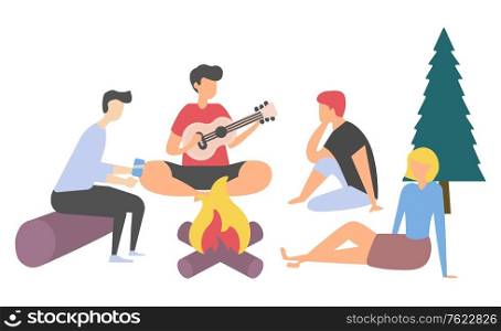 Group of people singing song and playing guitar, friends characters sitting near bonfire, people listening music, logs and tree, leisure outdoor vector. Friend with Guitar, People Leisure, Picnic Vector