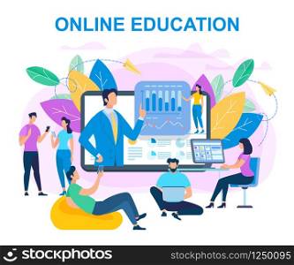 Group of People Sit Around of Big Monitor and Watch Webinar. Students Learn Distance Using Internet Technology. Online Education, Teacher Speak at Computer Desktop. Cartoon Flat Vector Illustration. People Sit Around of Big Monitor and Watch Webinar