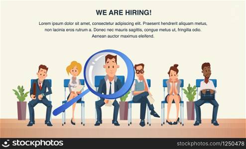Group of People Sit in Queue Wait Job Interview. Worried Employee on Chair in Office. Young Anxious Man and Woman Candidate Character Wear Formal Suit. Cartoon Flat Vector Illustration. Group of People Sit in Queue Wait Job Interview