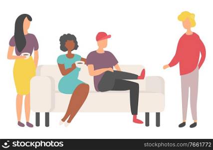 Group of people sitting on sofa, man and woman holding cup with drink, portrait view of friends characters in casual clothes indoor, meeting vector. People Drinking, Friends Sitting on Sofa Vector