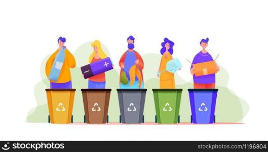 Group of people sort trash in multi-colored bins. Men and women are holding huge objects in their hands. Metaphor separate garbage collection. Flat vector illustration on isolated background