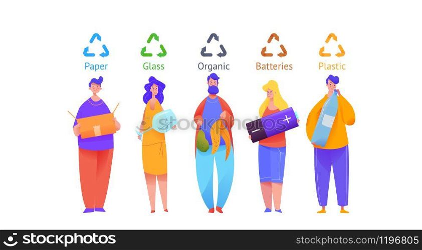 Group of people sort trash in multi-colored bins. Men and women are holding huge objects in their hands. Metaphor separate garbage collection. Flat vector illustration on isolated background