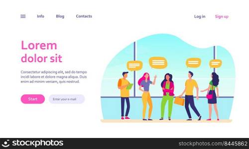 Group of people standing and talking in public place. Panoramic window, speech bubbles, airport flat vector illustration. Communication, travel concept for banner, website design or landing web page
