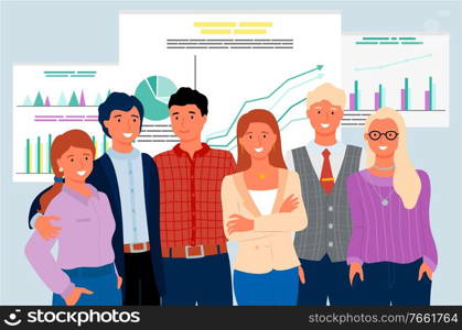 Group of people standing together, portrait view of smiling man and woman workers, board with growth column and arrow, teamwork chart report vector. Teamwork Chart Report, Workers Success Vector