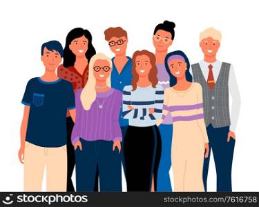 Group of people standing together, smiling man and woman embracing, portrait and closeup view of crowd in casual clothes, friends or relatives vector. Friends or Relatives, Smiling Man and Woman Vector
