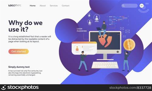 Group of people stealing finances and data. Vector illustration. Hacker, attack, information. Cybercrime and finance concept for banner, website design or landing web page