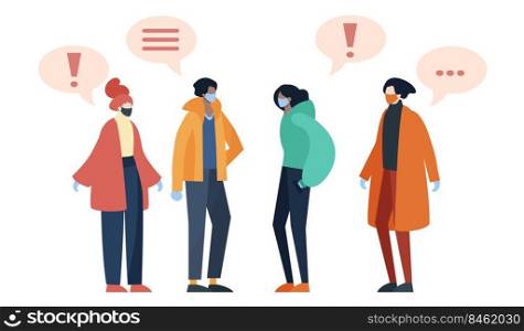 Group of people talking while keeping social distance to prevent covid19 transmission. Flat design illustration.. Group of people talking while keeping social distance to prevent covid19 transmission.