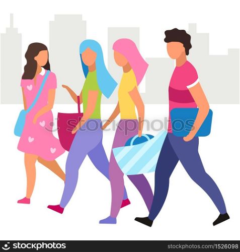 Group of people walking street flat vector illustration. Friends walk and talking together cartoon characters. Girls and guy spending time. Tourists, students have city stroll. Friendship concept