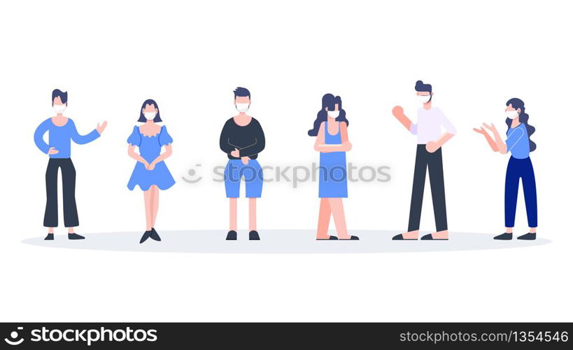 Group of people wearing masks fight covid-19 coronavirus pandemic quarentine. Health care and medical concept. Flat design abstract people vector illustration.