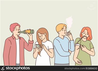 Group of people with bad habits suffer from alcohol addiction and use drugs. Concept of social problems and harmful addiction in society caused by poverty or unemployment among people. People with bad habits suffer from alcohol addiction and use drugs for concept social problems