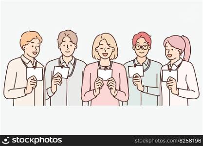 Group of people with badges working in same department of large corporation or participating in professional conference. Team of business people demonstrate ID cards giving access to enter office. Group of business people with badges working in same department of large corporation