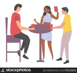 Group of people with drink, woman sitting at table, male and female dancing, portrait view of friends in club, disco entertainment, clubber vector. Friends Entertainment, Disco Club, Dance Vector