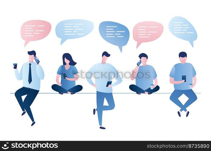 Group of people with smartphones,talking and chatting on social networks,human characters with speech bubbles isolated on white background,trendy style vector illustration