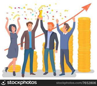 Group of people with trophy celebrate their success and professional achievements or company anniversary . Partnership teamwork concept vector illustration. Group of People Celebrating Company Success Vector