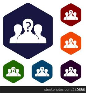 Group of people with unknown personality icons set hexagon isolated vector illustration. Group of people with unknown personality icons set