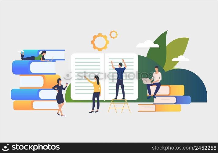 Group of people working on books. Authors, brainstorming, printing house, library. Business concept. Vector illustration for poster, presentation, new project