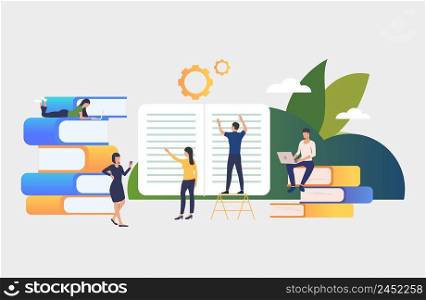 Group of people working on books. Authors, brainstorming, printing house, library. Business concept. Vector illustration for poster, presentation, new project