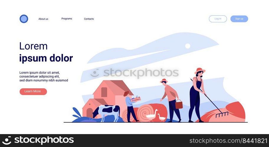 Group of people working on farm. Agricultural workers gathering hay and harvest, feeding poultry. Vector illustration for agriculture, cattle, countryside, job concept