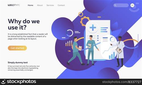 Group of physicians discussing medical issues. Healthcare, statistics. Flat vector illustration with medical concept for banner, website design or landing web page