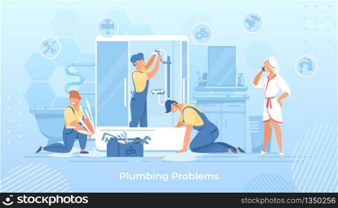Group of Plumbers Fixing Shower Cabin in Bathroom. Woman in Bath Robe Calling to Service. Workers in Overalls, Husband on an Hour, Masters Help with Broken Technics. Cartoon Flat Vector Illustration. Plumbing Problems, Plumbers Fixing Shower in Bath