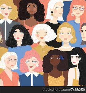 Group of portraits of diverse women, fight for equality concept, feminism, flat vector illustration
