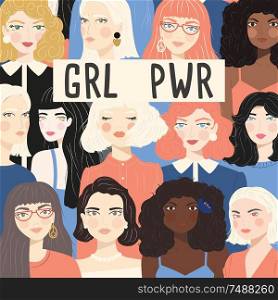 Group of portraits of diverse women, fight for equality concept, girl power message, feminism, flat vector illustration