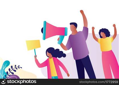 Group of protesters. African american people with placards and loudspeaker. Various characters isolated on white, place for text, template banner. Protest movement. Vector illustration. Group of protesters. African american people with placards and loudspeaker. Protest movement.