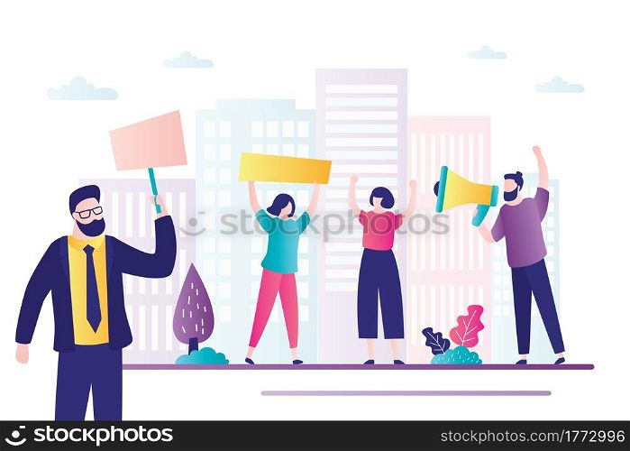 Group of protesting people. Different men and women with signs and megaphone. Human rights protest. Union strike. Democratic freedoms, peaceful protest. Flat vector illustration. Group of protesting people. Different men and women with signs and megaphone. Human rights protest. Union strike.