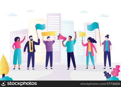 Group of protesting people. Protesters on demonstration. Various persons with placards and megaphone. Human rights protest. Union strike. Democratic freedoms, peaceful protest.Flat vector illustration. Group of protesting people. Protesters on demonstration. Various persons with placards and megaphone. Human rights protest