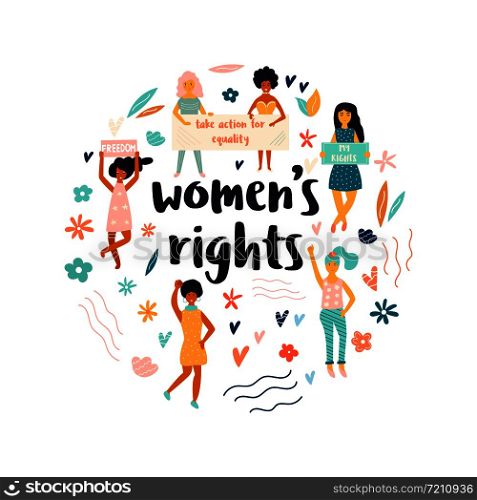 Group of protesting young women. Feminine concept. Bright design for posters, prints, social media. Group of protesting young women. Feminine concept
