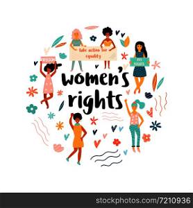 Group of protesting young women. Feminine concept. Bright design for posters, prints, social media. Group of protesting young women. Feminine concept