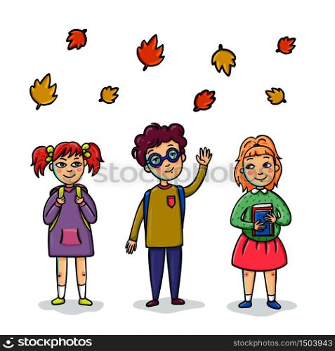 Group of pupils standing together with books and backpacks. Set of pupils. Back to school concept. Cartoon Vector illustration.. Group of pupils standing together with books and backpacks. Set of pupils. Back to school concept. Cartoon Vector illustration